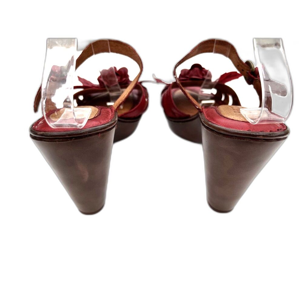 Born Red Leather Floral Rosette Heeled Sandals Women's 10.5 Ankle Strap - Picture 9 of 12
